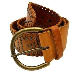 Vintage Wide Studded Rhinestone Leather Belt Chunky Metal Buckle Size L